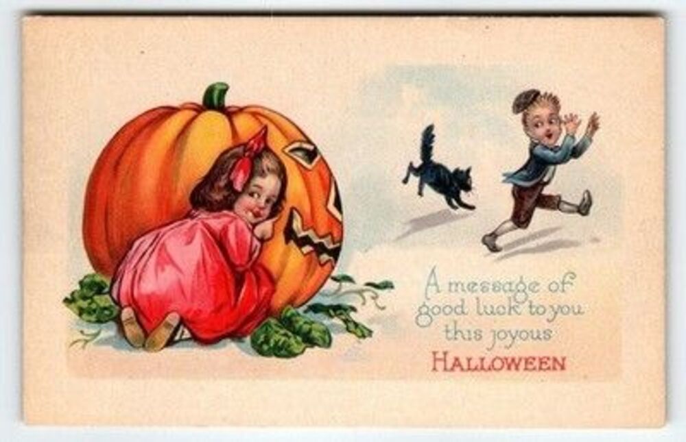 Vintage 1907-1915 Halloween Postcard Girl with Pumpkin & Black Cat